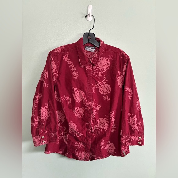 Columbia Shirt Womens Red Floral 3/4 Sleeve Button Up Classic Casual Camp Sz L - Picture 1 of 8